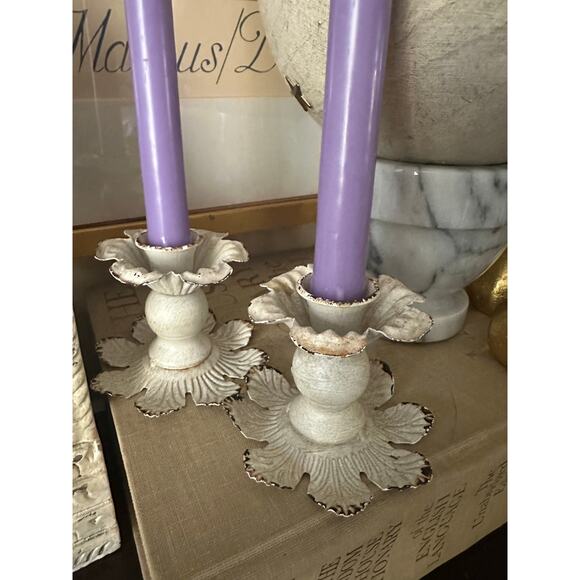 White metal floral taper candle holders distressed primitive pair cottage set - Picture 7 of 10